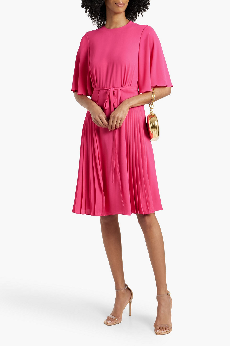 Shop Mikael Aghal Pleated Crepe Dress In Fuchsia