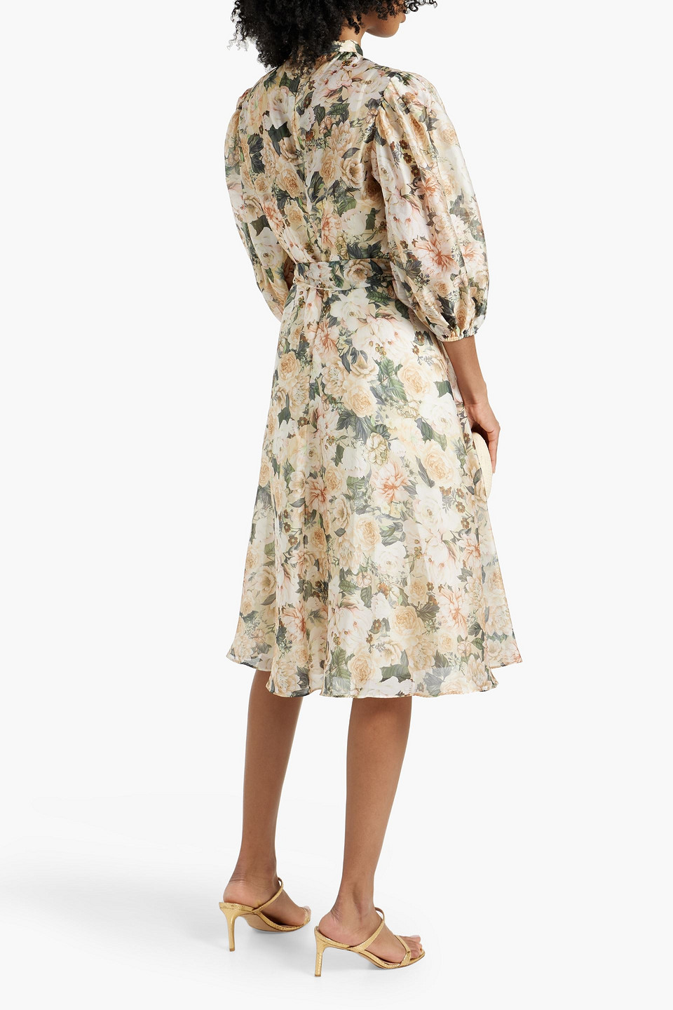 Shop Mikael Aghal Tie-detailed Floral-print Habotai Dress In Pastel Yellow