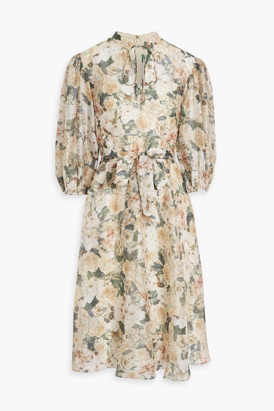 Mikael Aghal Tie-detailed Floral-print Habotai Dress In Pastel Yellow