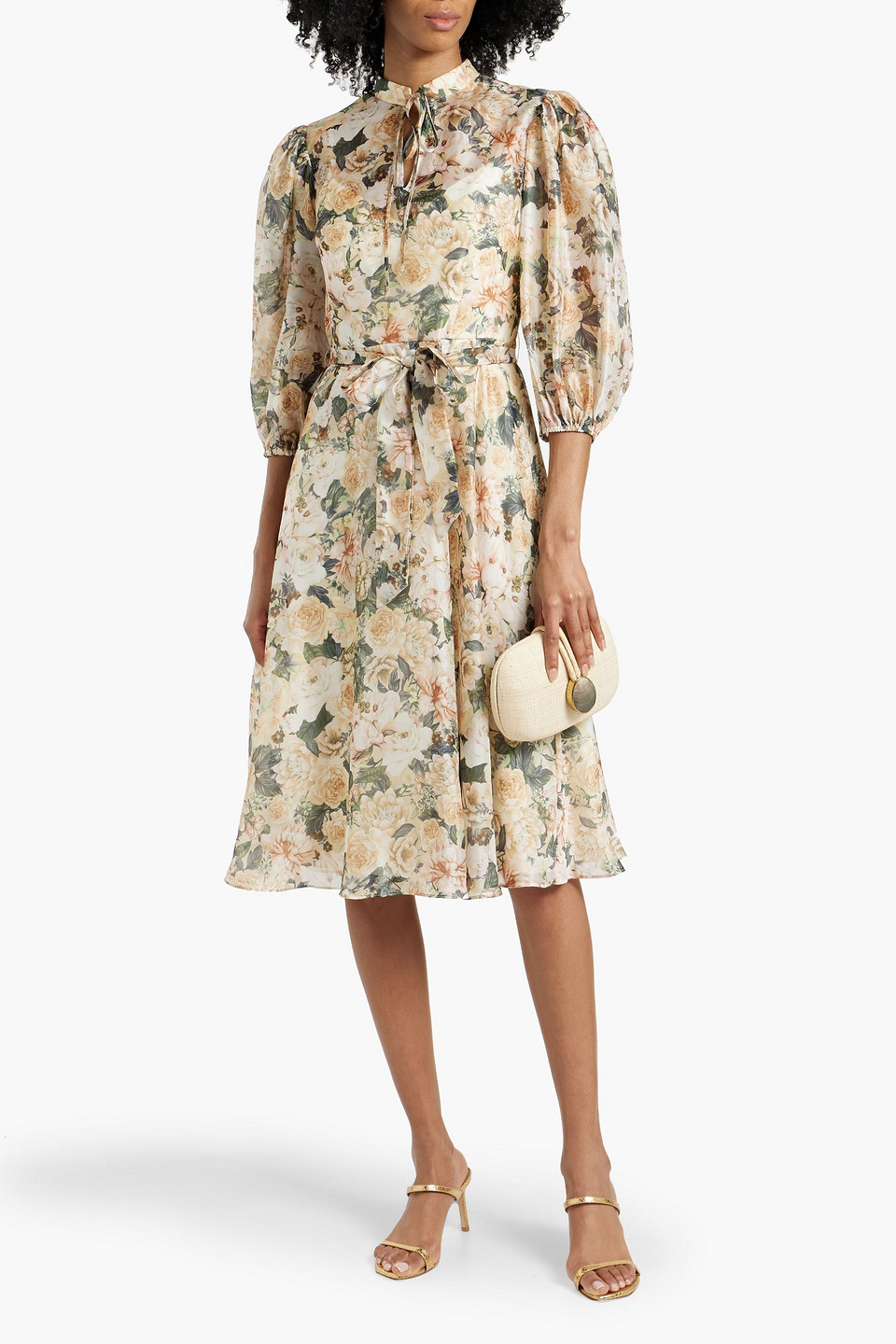 Shop Mikael Aghal Tie-detailed Floral-print Habotai Dress In Pastel Yellow