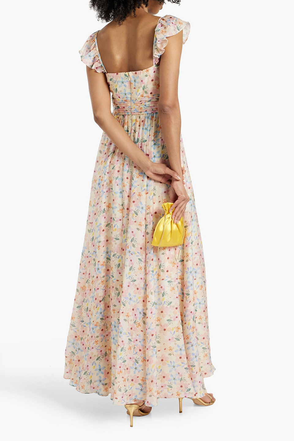 Shop Mikael Aghal Pintucked Floral-print Gauze Maxi Dress In Pastel Yellow