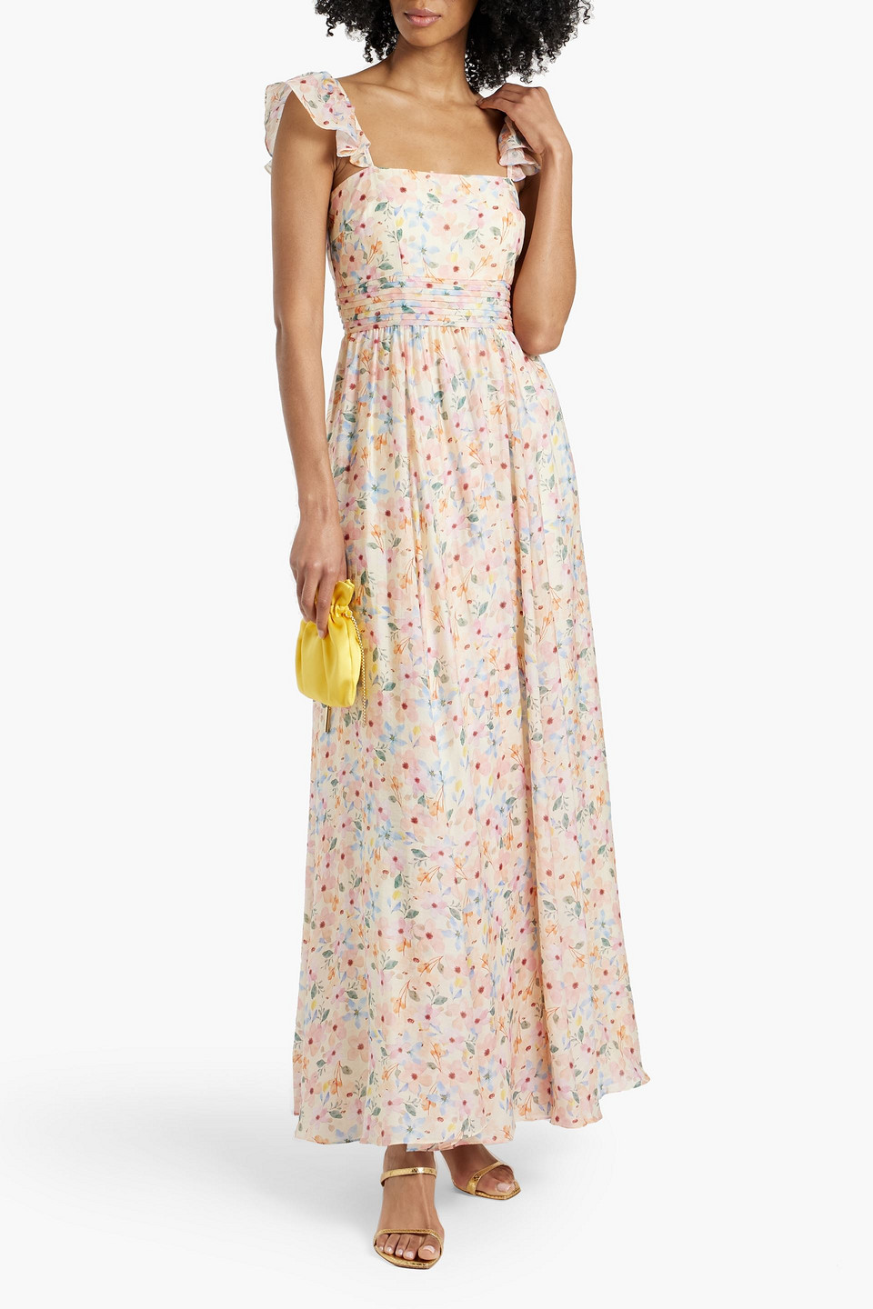 Shop Mikael Aghal Pintucked Floral-print Gauze Maxi Dress In Pastel Yellow