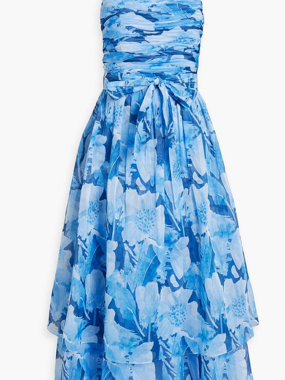 ruched tiered floral-print organza midi dress