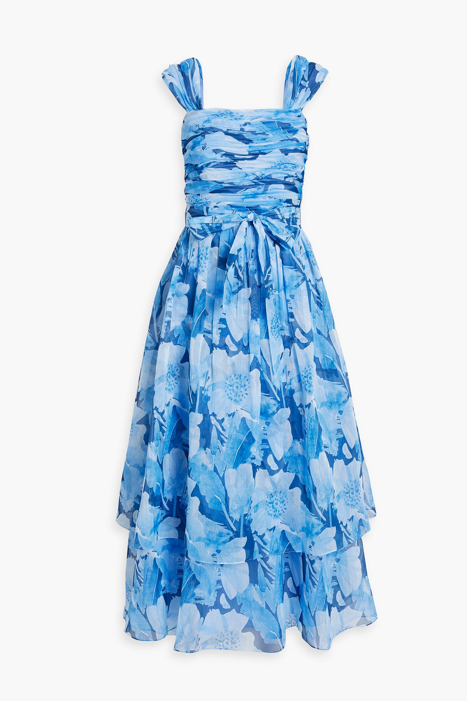 Ruched tiered floral-print organza midi dress