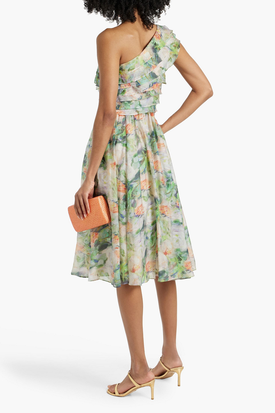 Shop Mikael Aghal One-shoulder Ruffled Printed Gauze Dress In Green