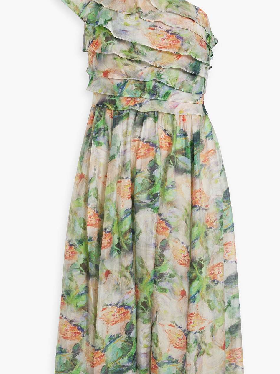 one-shoulder ruffled printed gauze dress