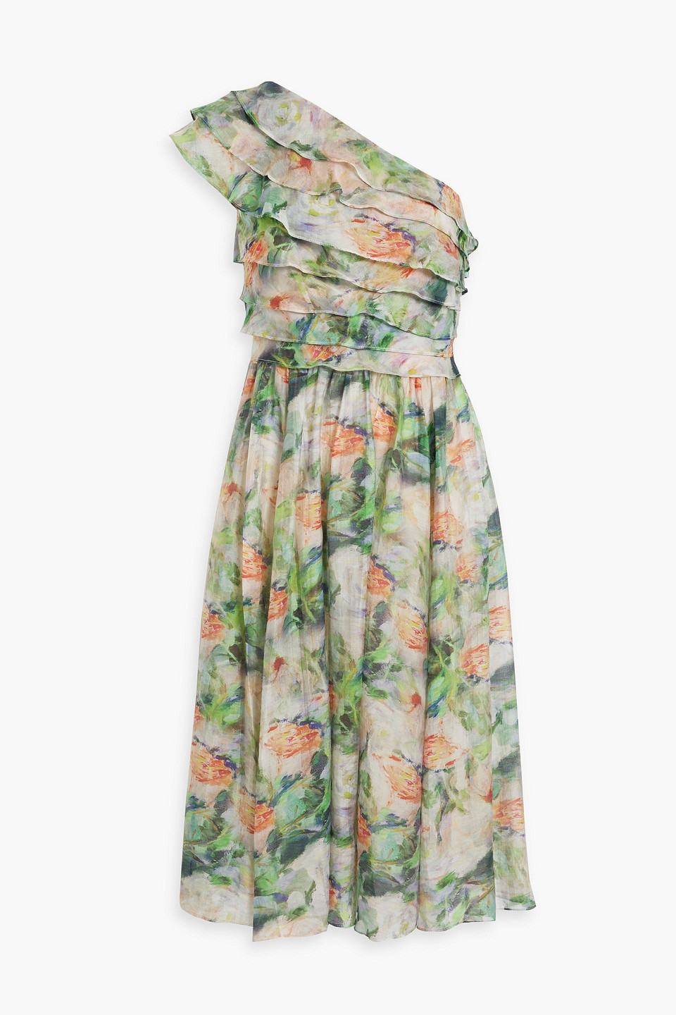 Mikael Aghal One-shoulder Ruffled Printed Gauze Dress In Green