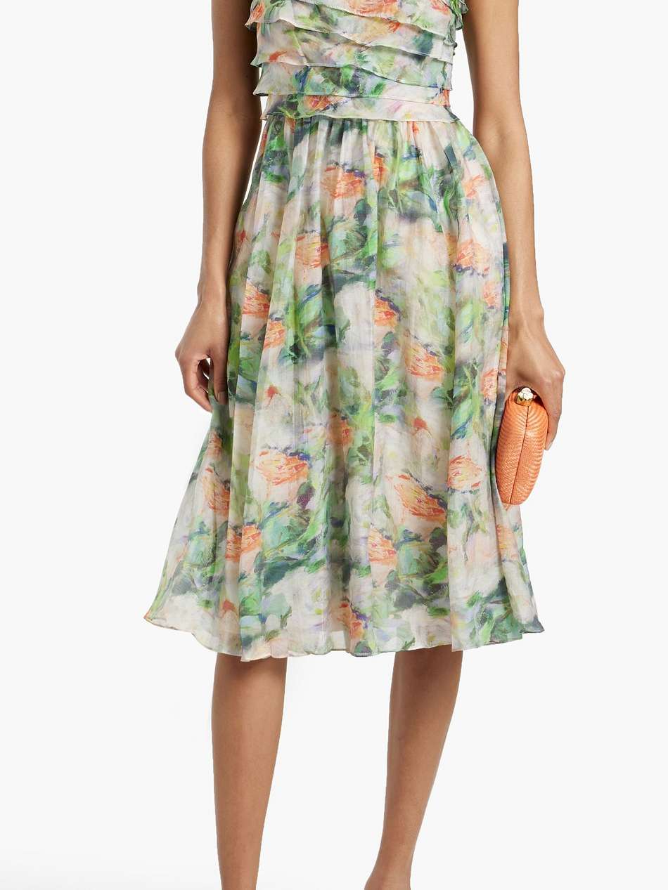 one-shoulder ruffled printed gauze dress