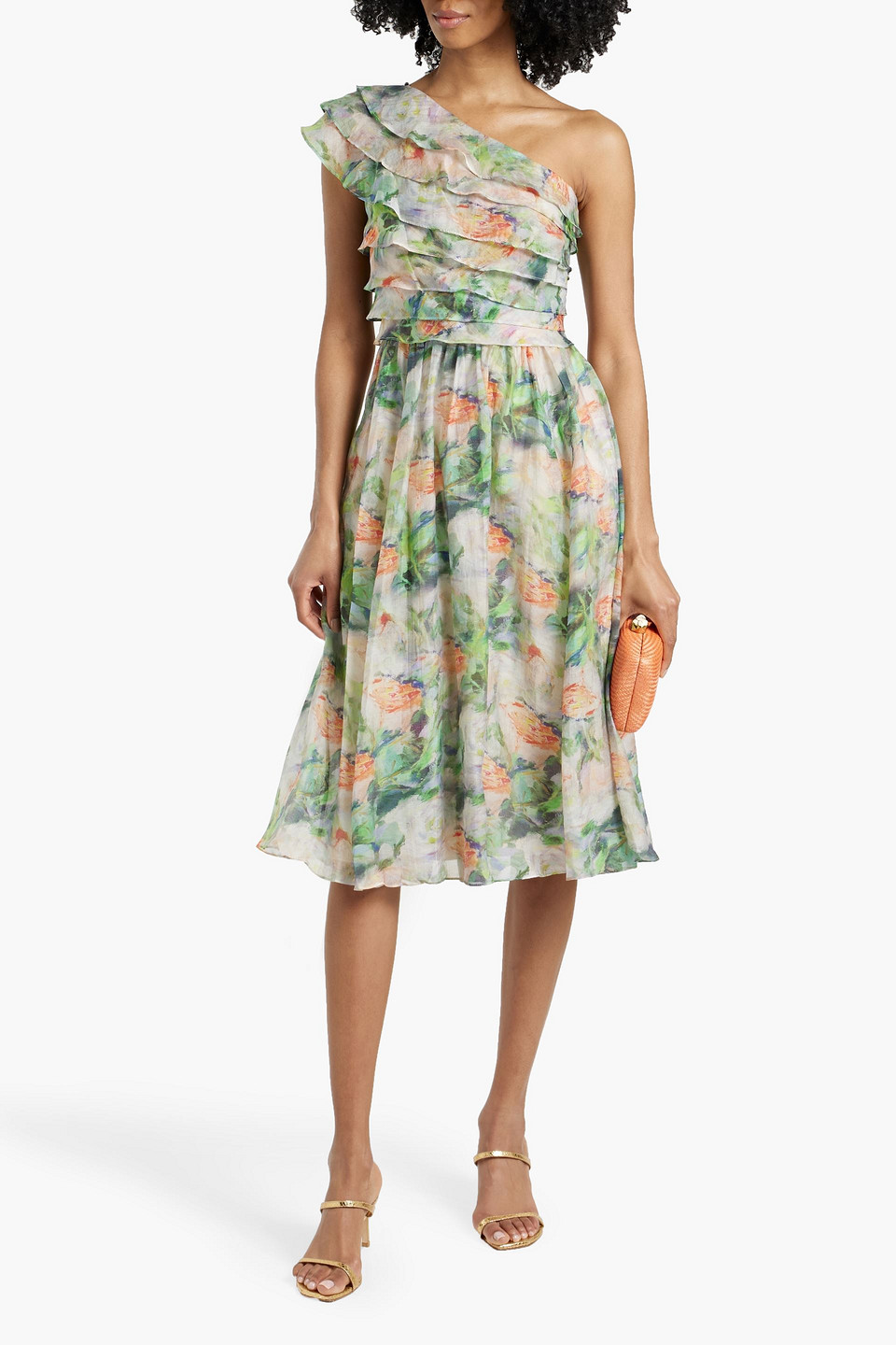 Shop Mikael Aghal One-shoulder Ruffled Printed Gauze Dress In Green