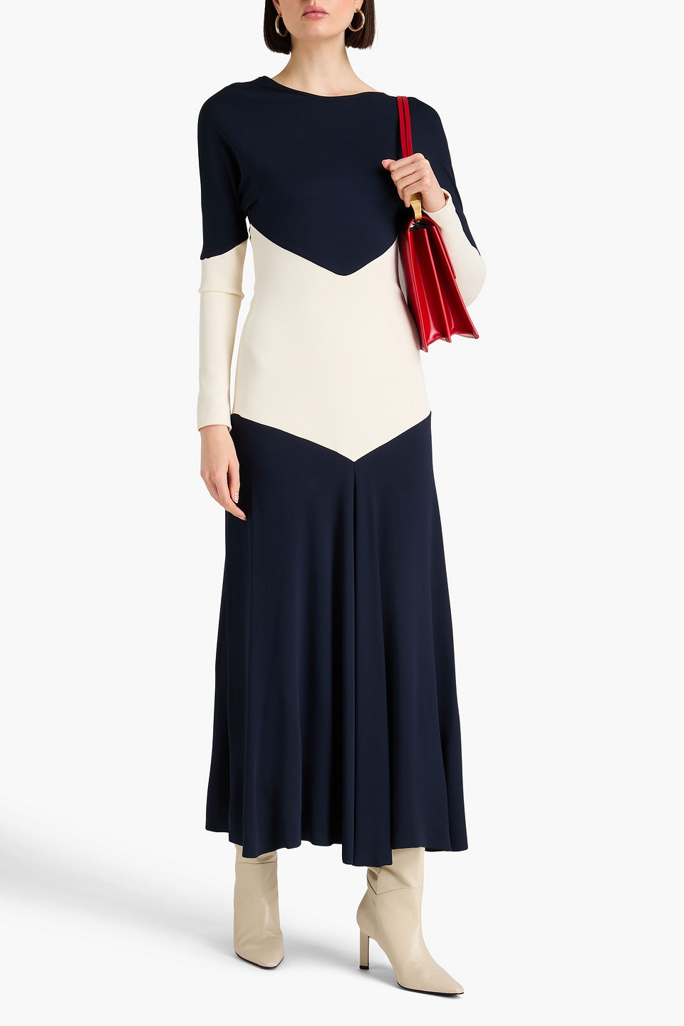VICTORIA BECKHAM TWO-TONE RIBBED JERSEY MIDI DRESS