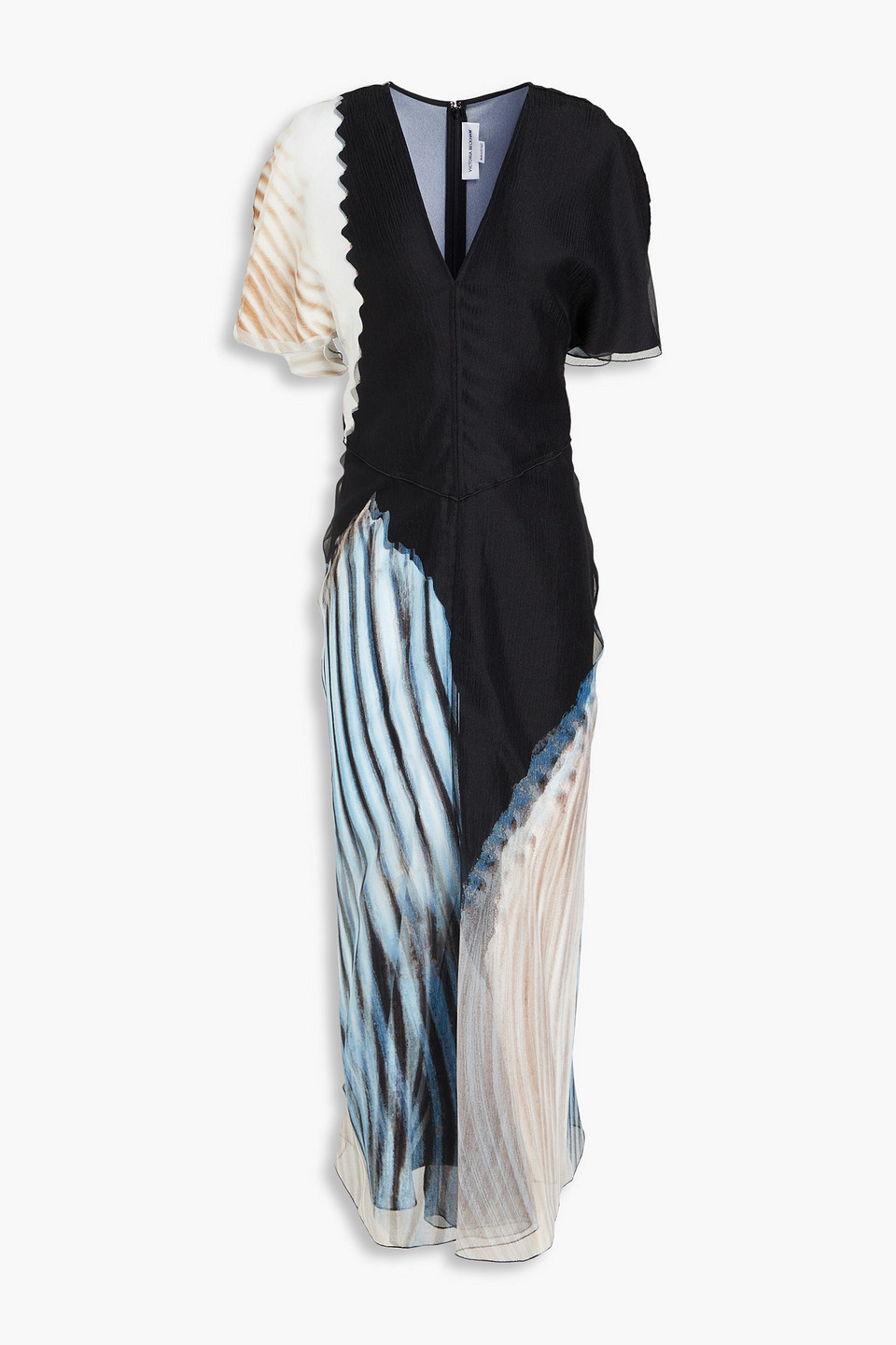 Victoria Beckham Ruched Printed Organza Midi Dress In Black