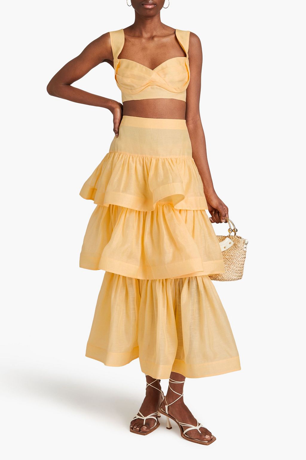 ZIMMERMANN Tiered linen and silk-blend gauze midi skirt