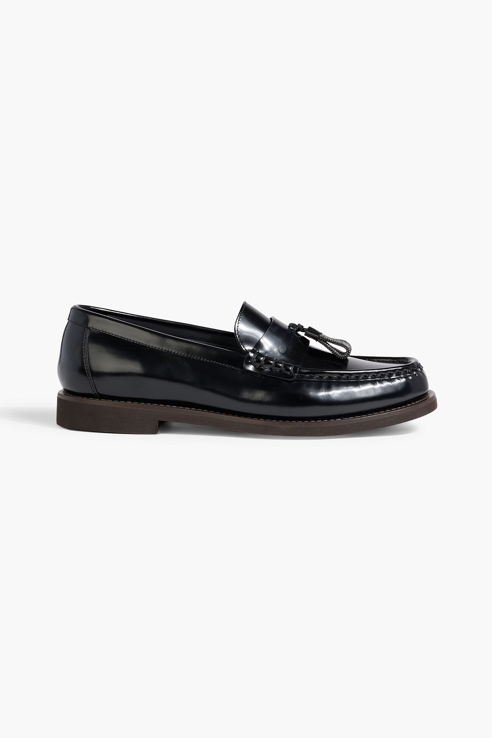 Brunello Cucinelli Bead-embellished Glossed-leather Loafers In Black