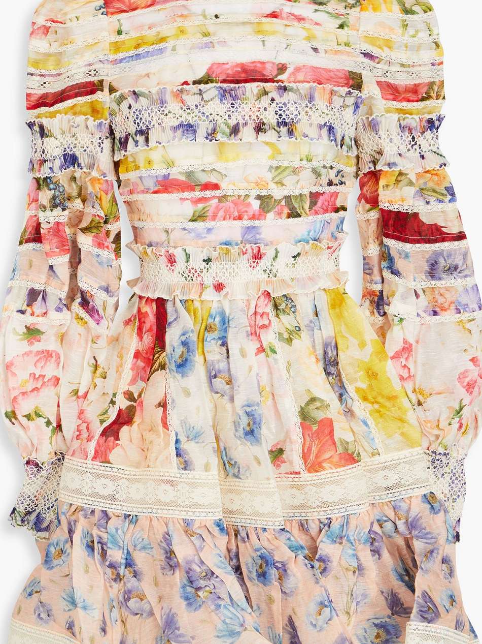 tiered pleated floral-print linen and silk-blend gauze mini dress