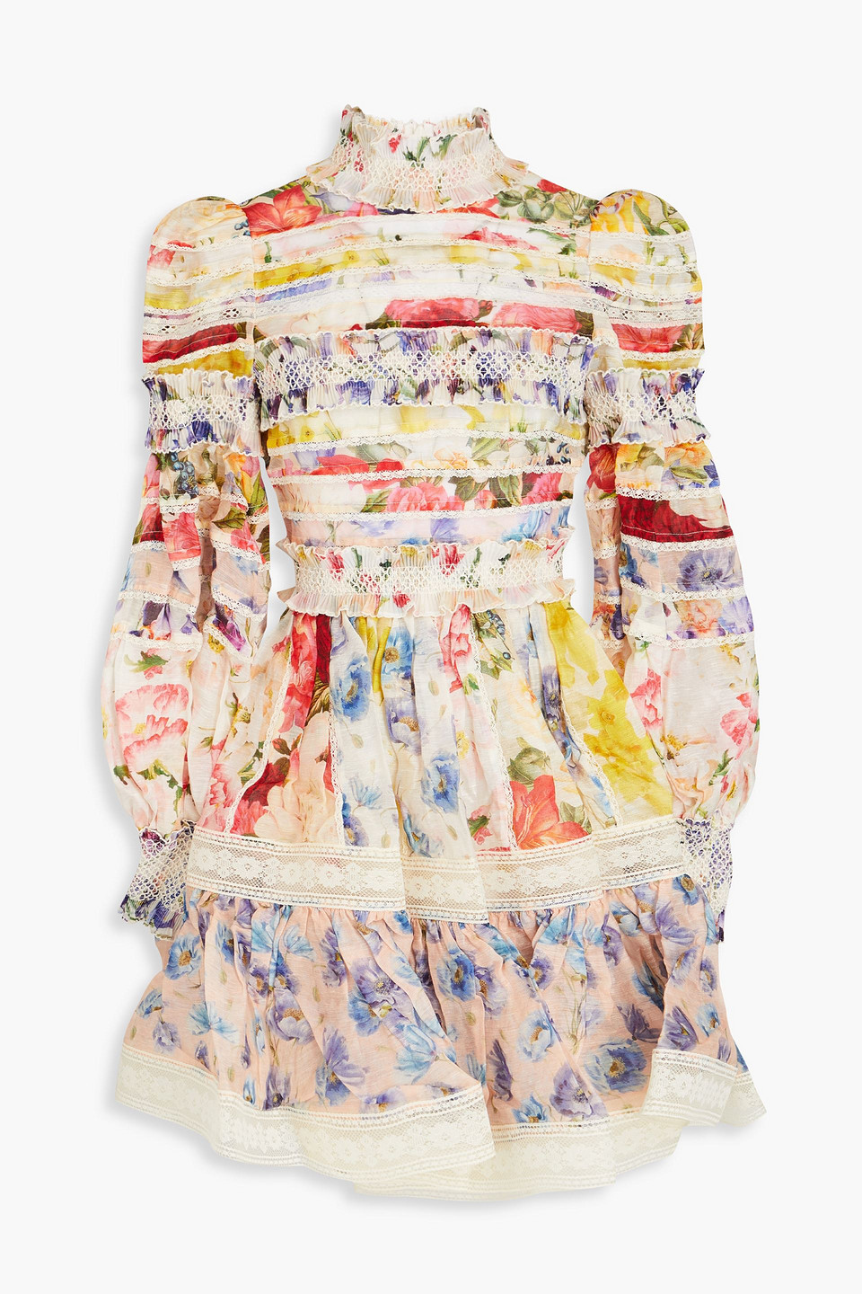 Zimmermann Tiered Pleated Floral-print Linen And Silk-blend Gauze Mini Dress In Multicolor