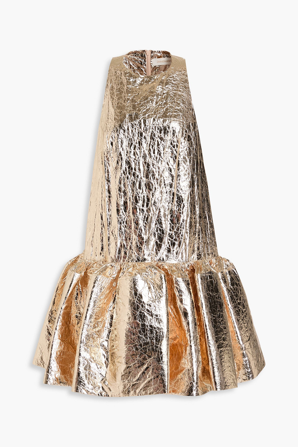 Zimmermann Crinkled Metallic Shell Mini Dress In Gold