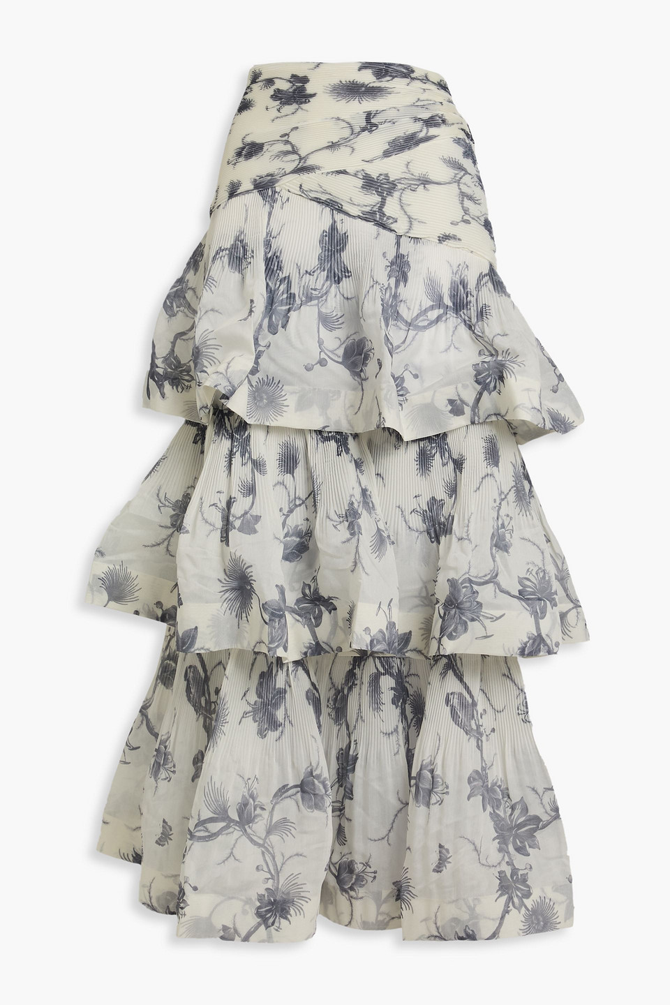 Zimmermann Tiered Floral-print Plissé-organza Maxi Skirt In Navy