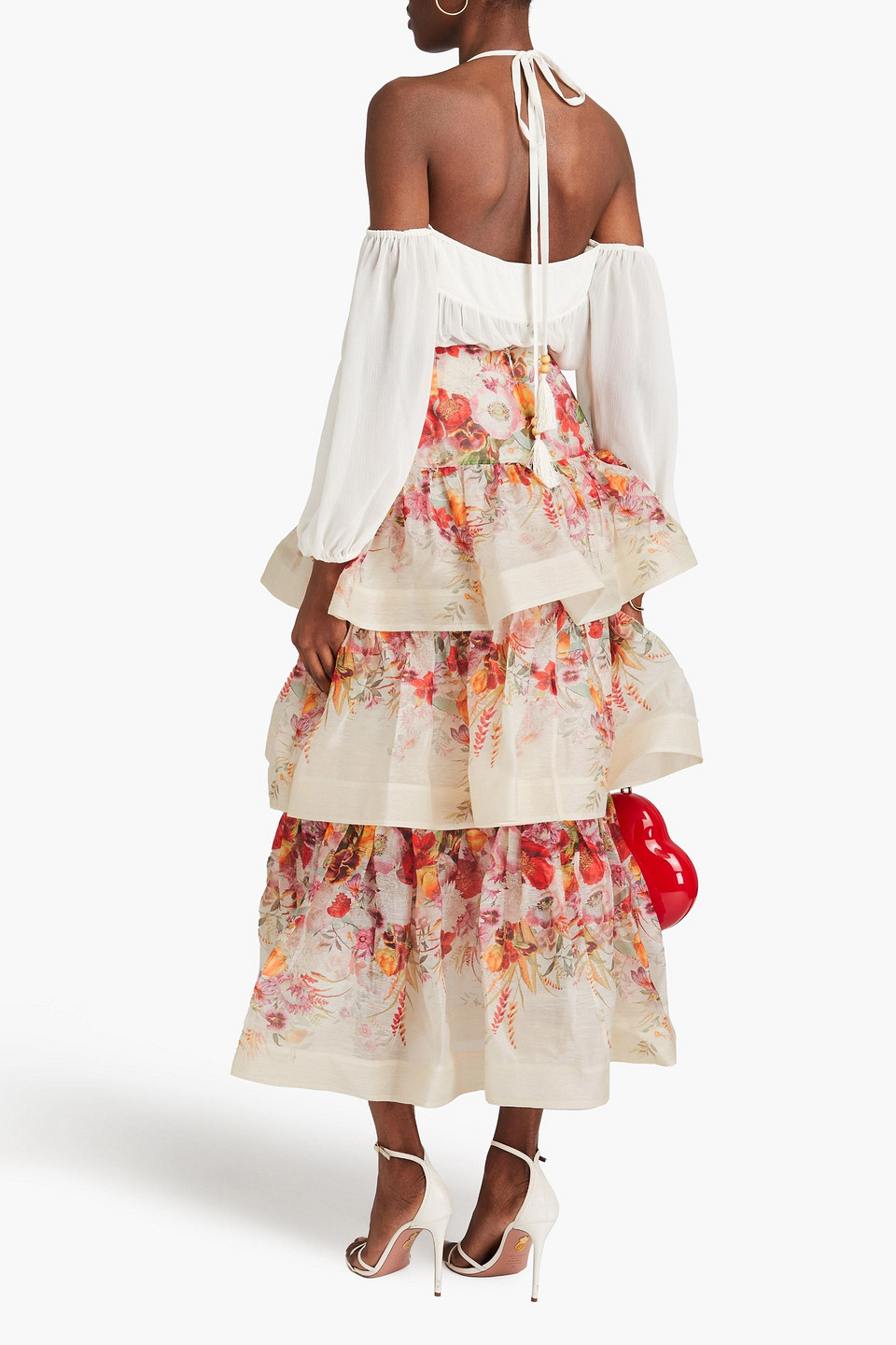 Shop Zimmermann Tiered Floral-print Linen And Silk-blend Gauze Midi Skirt In Ivory