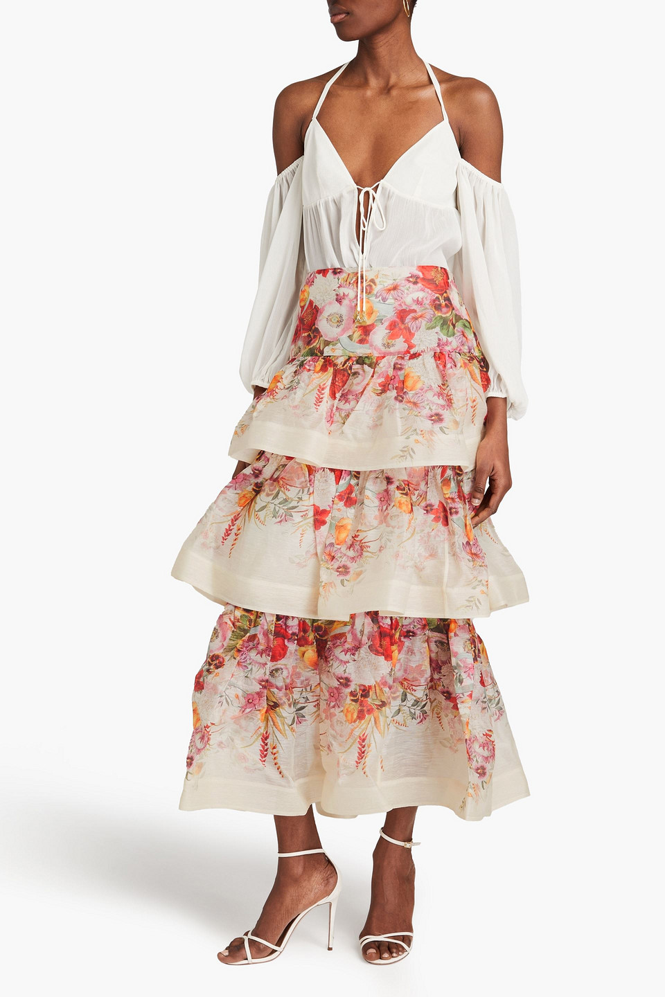 Shop Zimmermann Tiered Floral-print Linen And Silk-blend Gauze Midi Skirt In Ivory