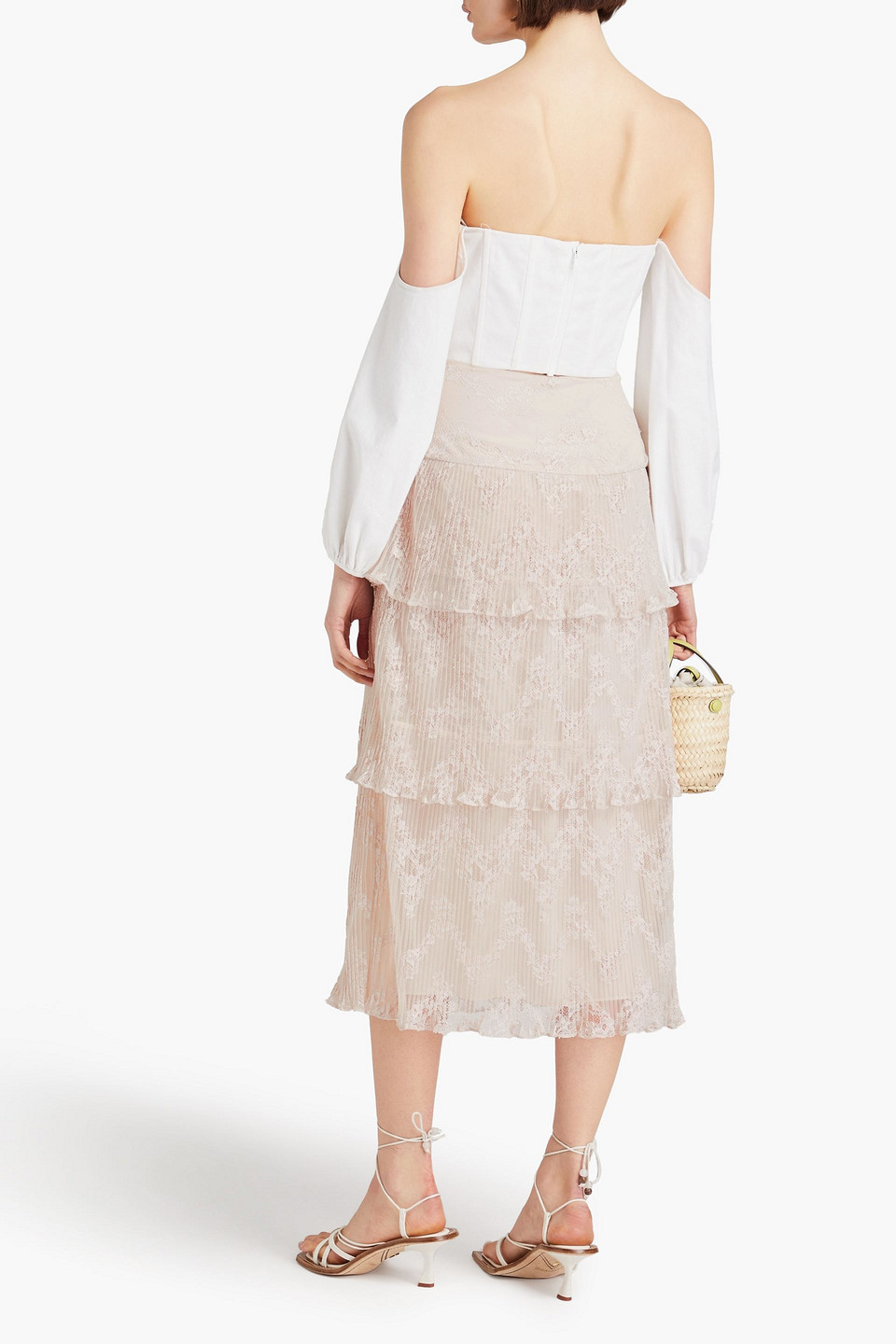 ZIMMERMANN TIERED PLEATED LACE MIDI SKIRT