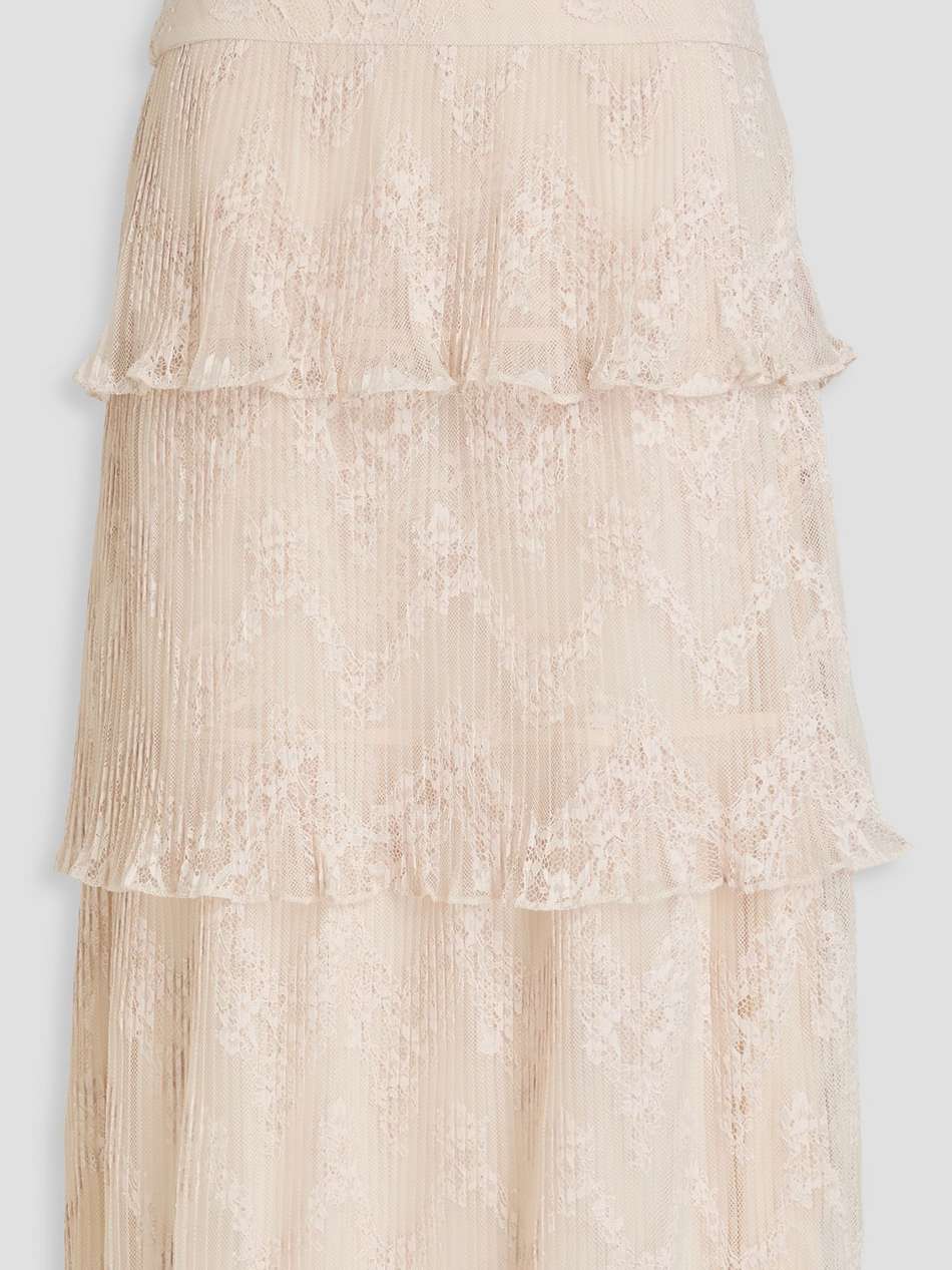 tiered pleated lace midi skirt