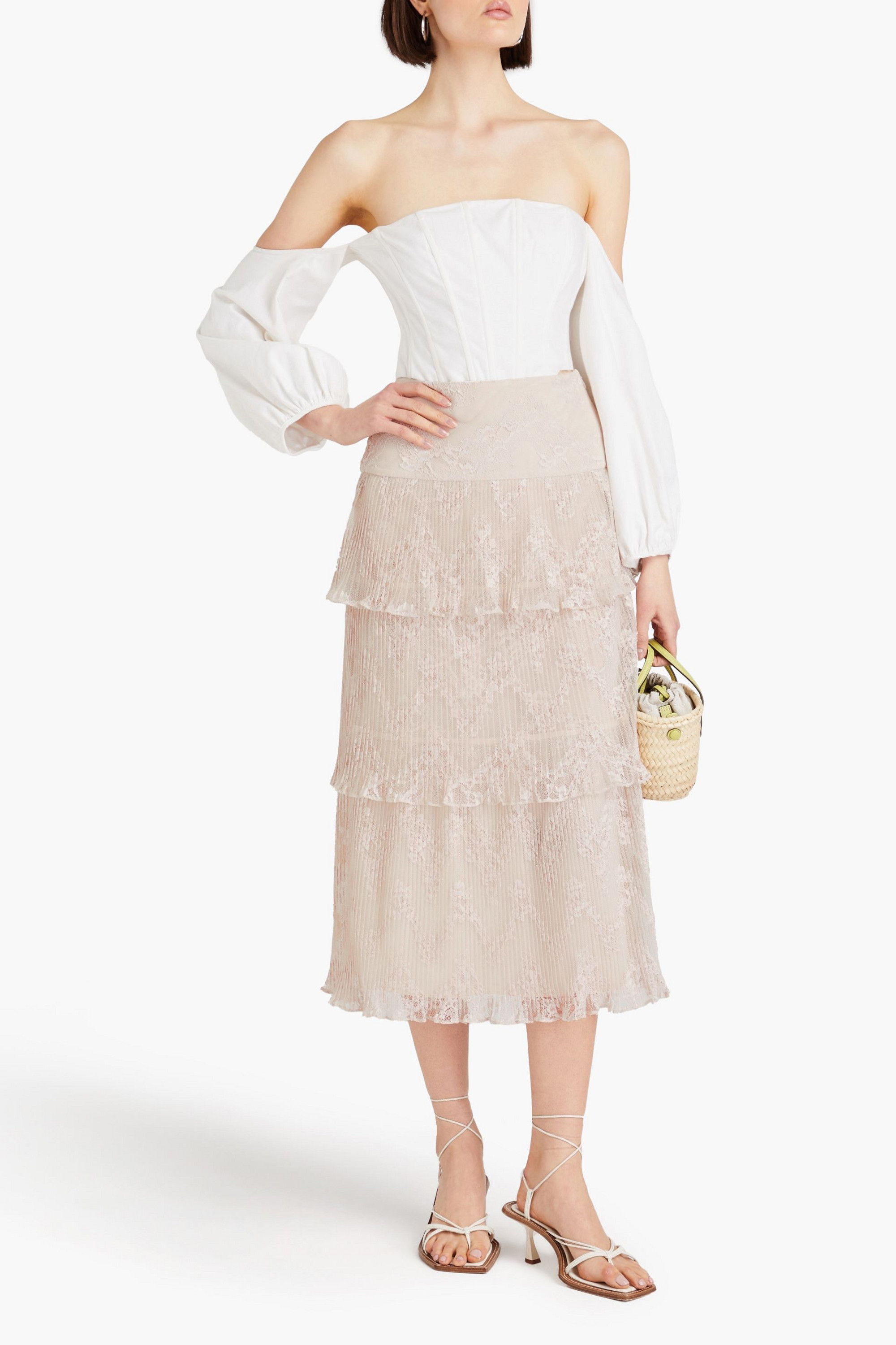 Zimmermann Tiered pleated lace midi skirt