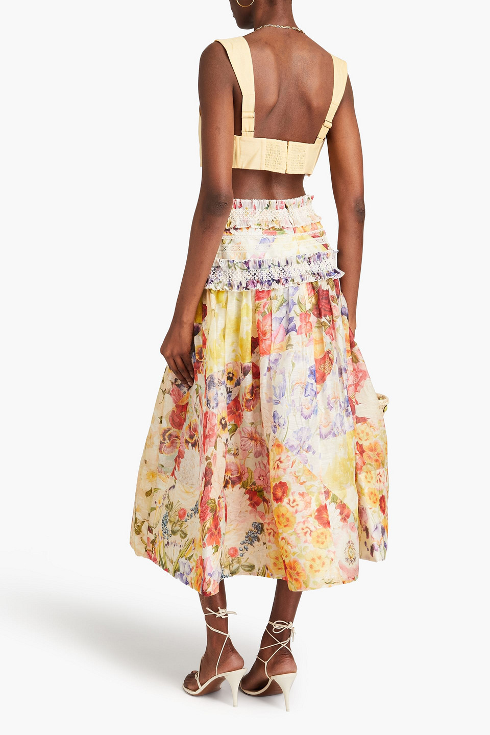 Zimmermann Ruffled Floral-print Linen And Silk-blend Midi Skirt In Ivory