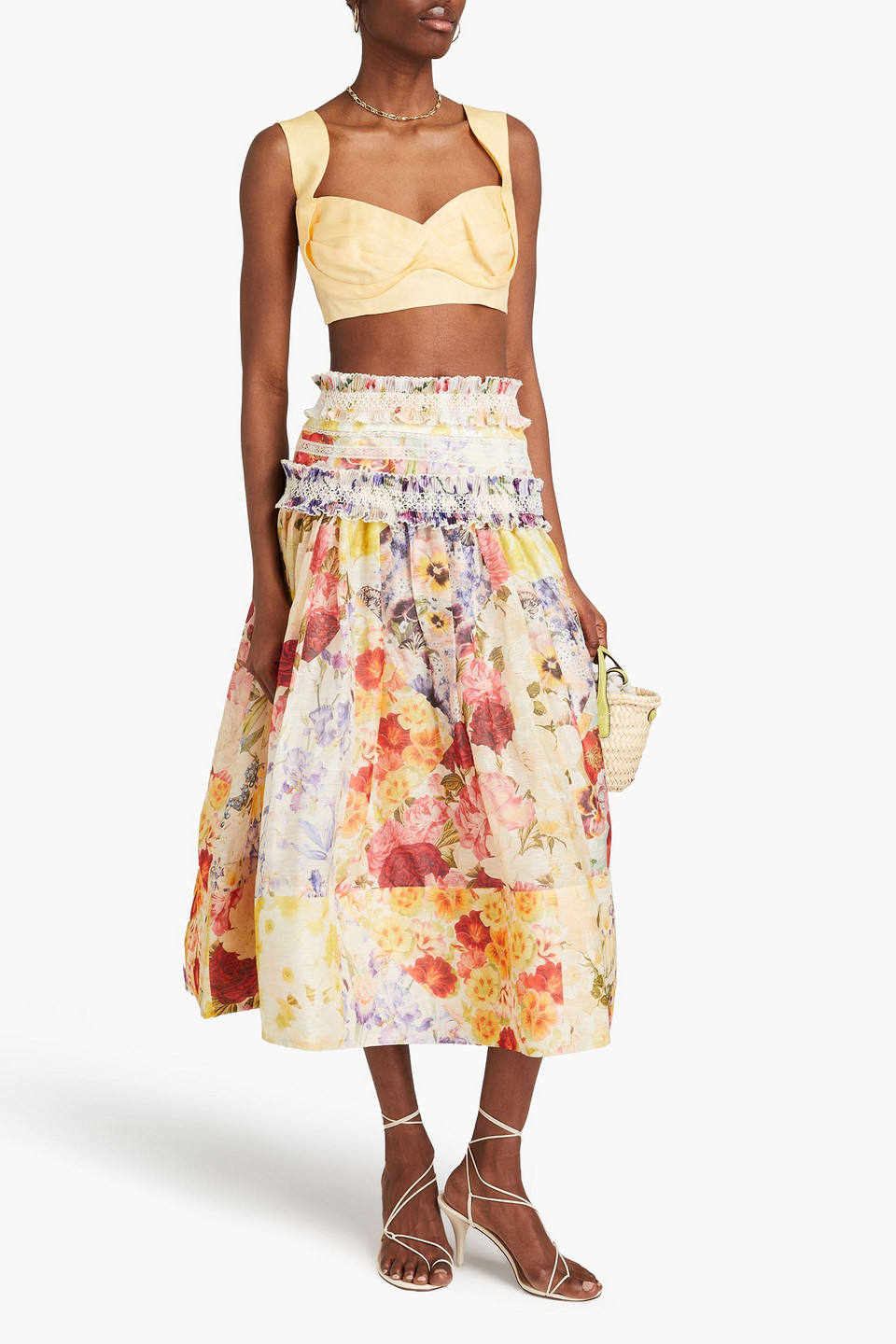 Zimmermann Ruffled Floral-print Linen And Silk-blend Midi Skirt In Ivory