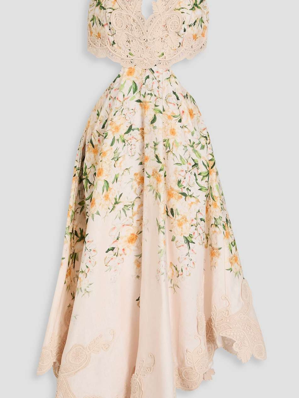 cutout floral-print linen midi dress
