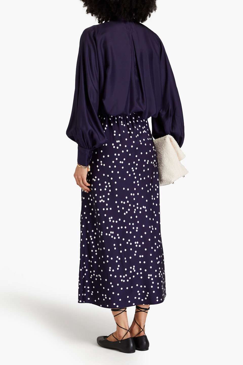 Zimmermann Polka-dot Satin Midi Skirt In Navy