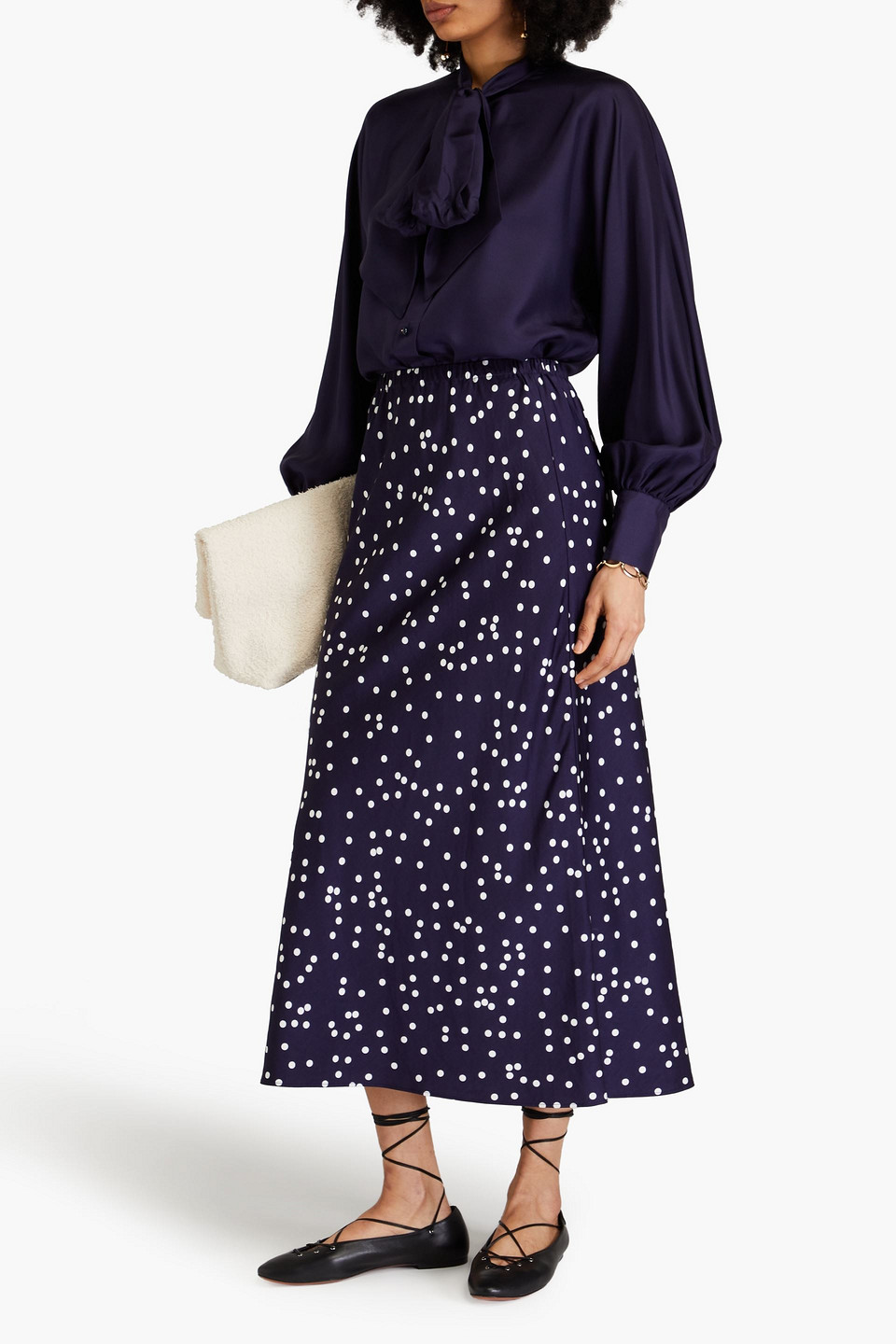 Zimmermann Polka-dot Satin Midi Skirt In Navy