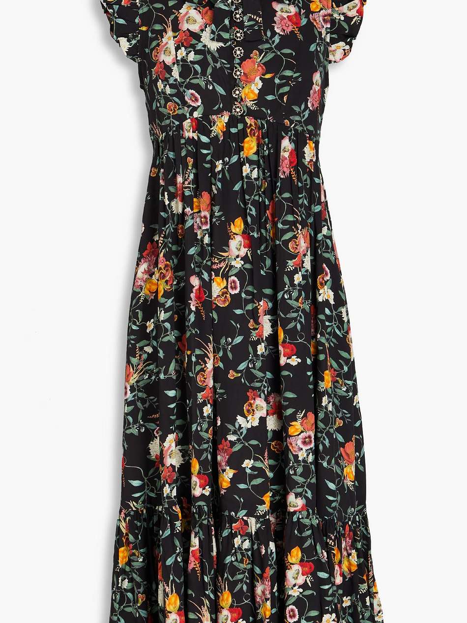 ruffled floral-print crepe de chine midi dress