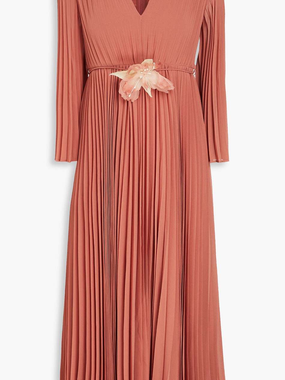 floral-appliquéd pleated chiffon midi dress