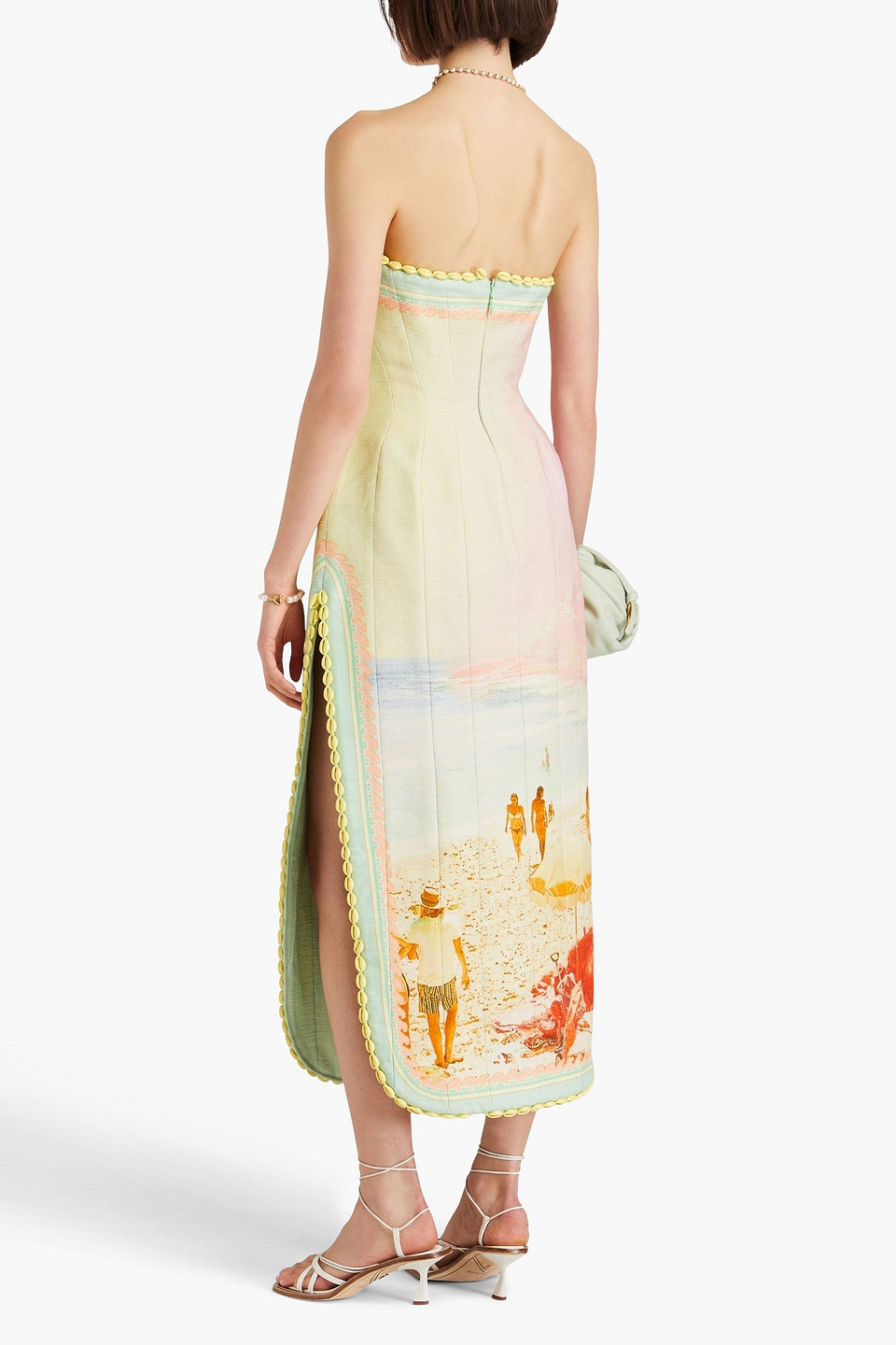 Zimmermann Strapless Shell-paneled Printed Cotton And Linen-blend Midi Dress In Light Green