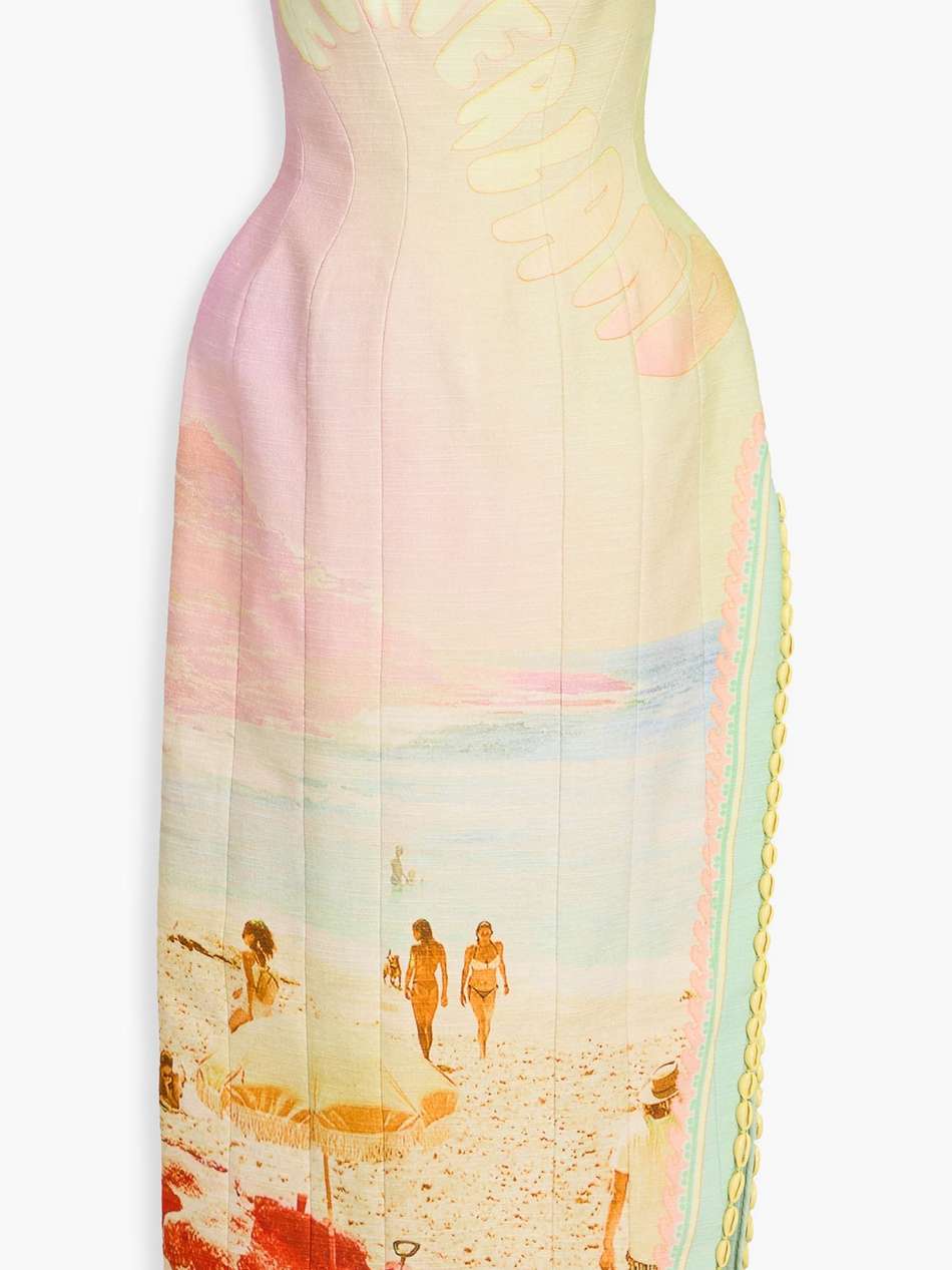 strapless shell-embellished printed cotton and linen-blend midi dress