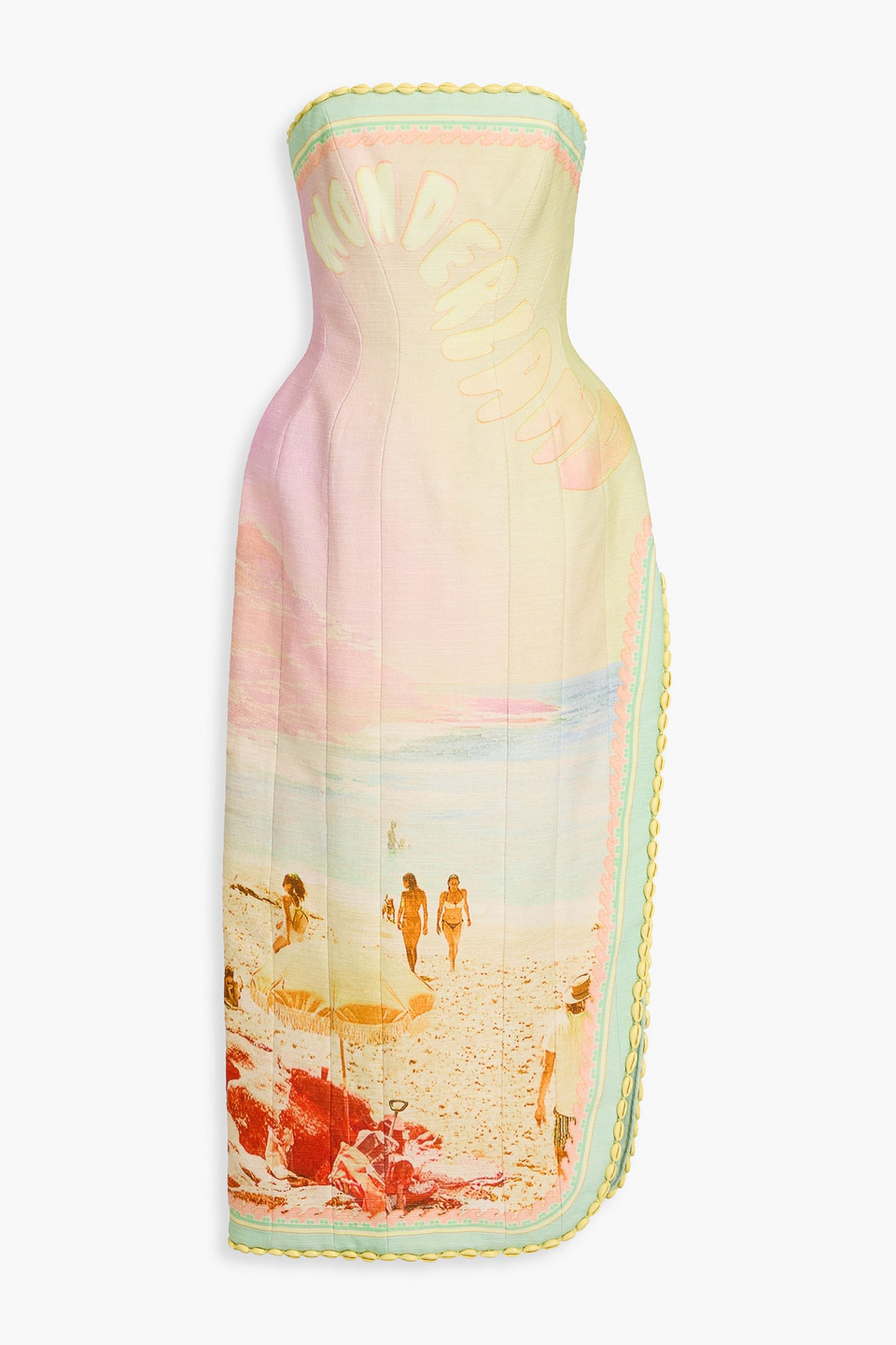 Zimmermann Strapless Shell-paneled Printed Cotton And Linen-blend Midi Dress In Light Green