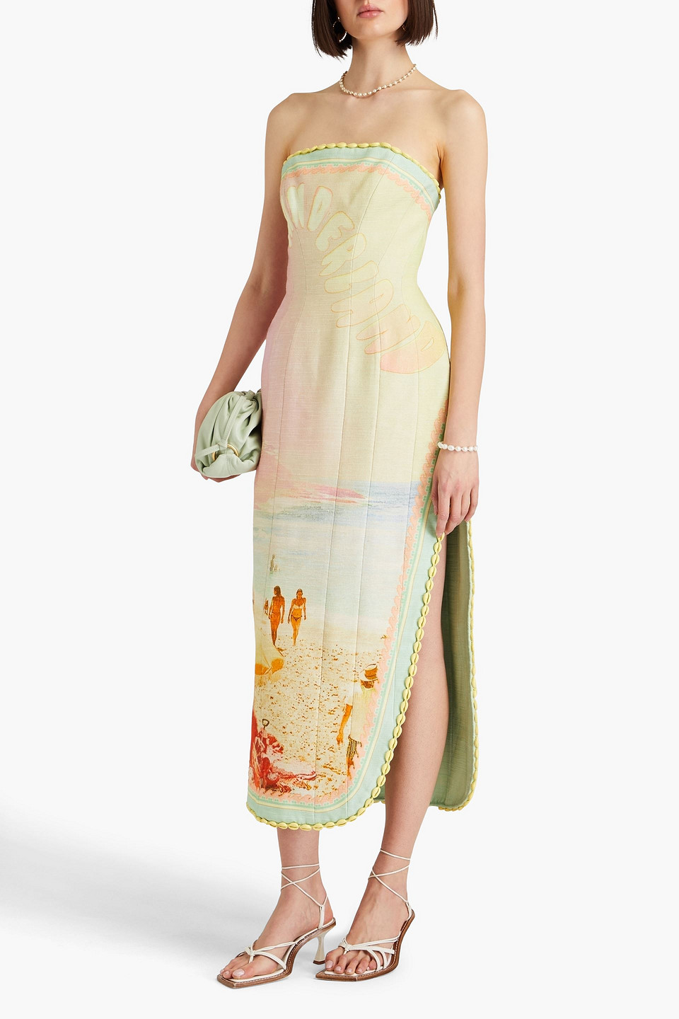 Zimmermann Strapless Shell-paneled Printed Cotton And Linen-blend Midi Dress In Light Green