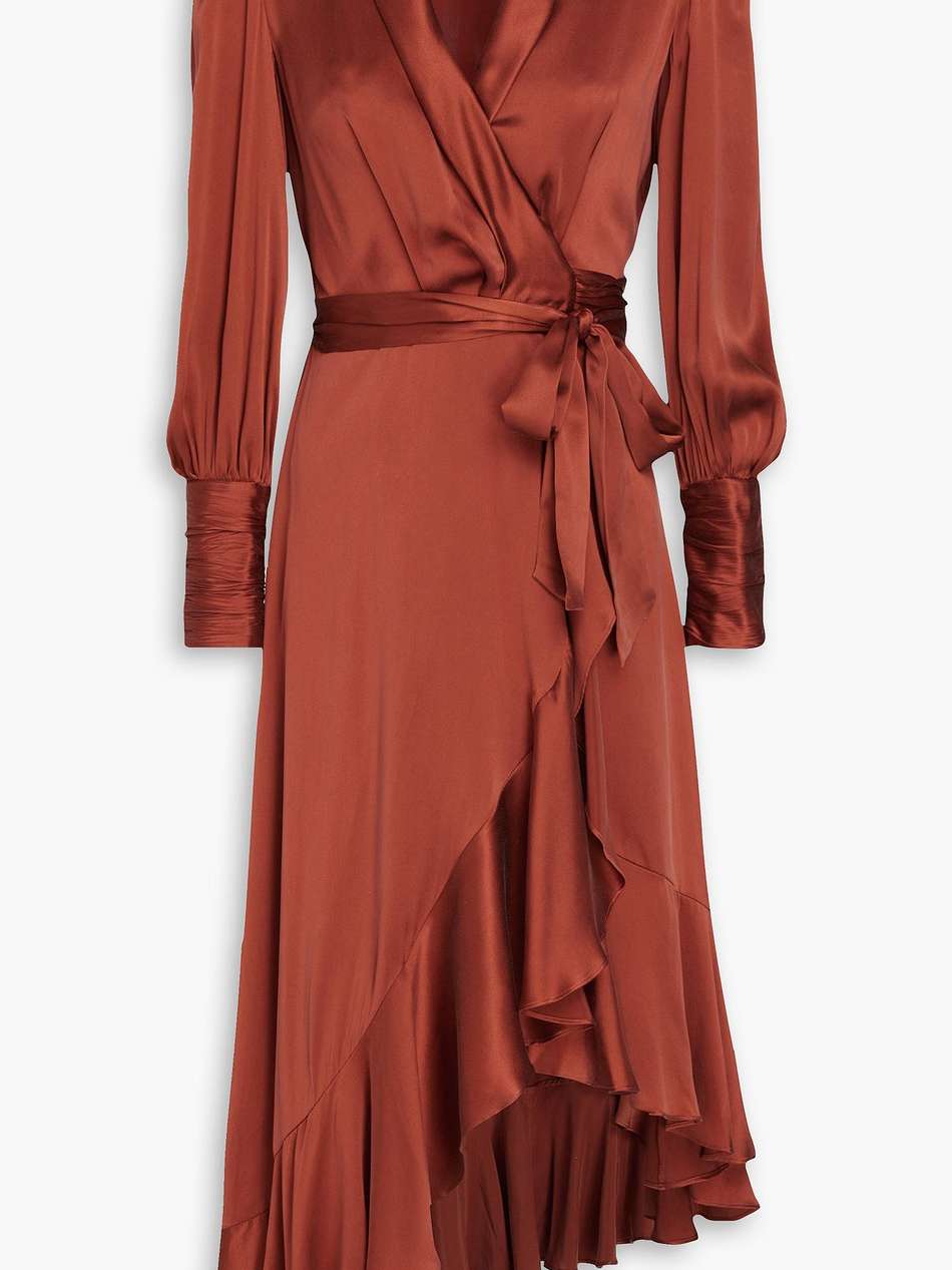 asymmetric ruffled silk-satin midi wrap dress