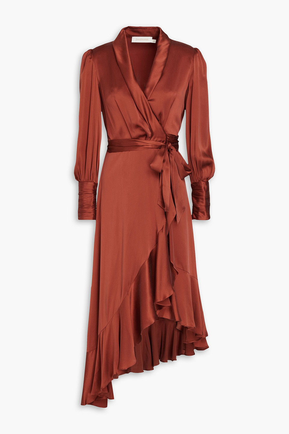 Zimmermann Ruffled Silk-satin Wrap Dress In Braun