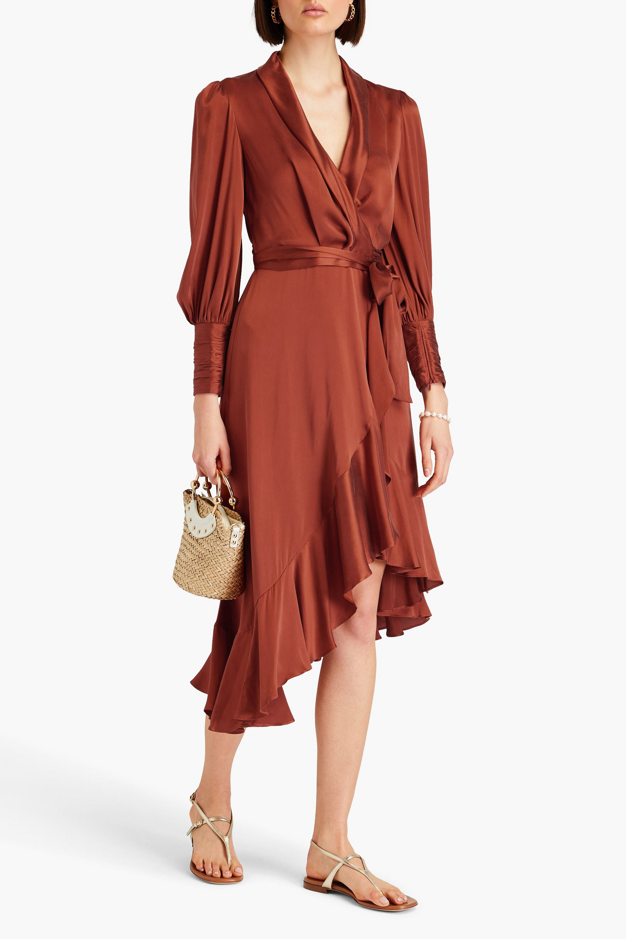 Zimmermann Asymmetric ruffled silk-satin midi wrap dress