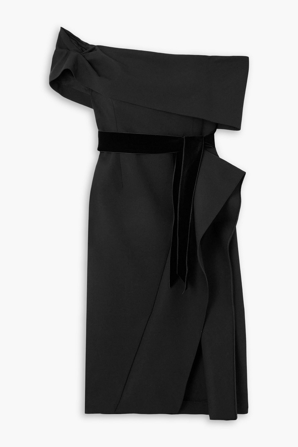 oscar de la renta - off-the-shoulder belted velvet-trimmed grain de poudre wool-blend midi dress - black - us 0