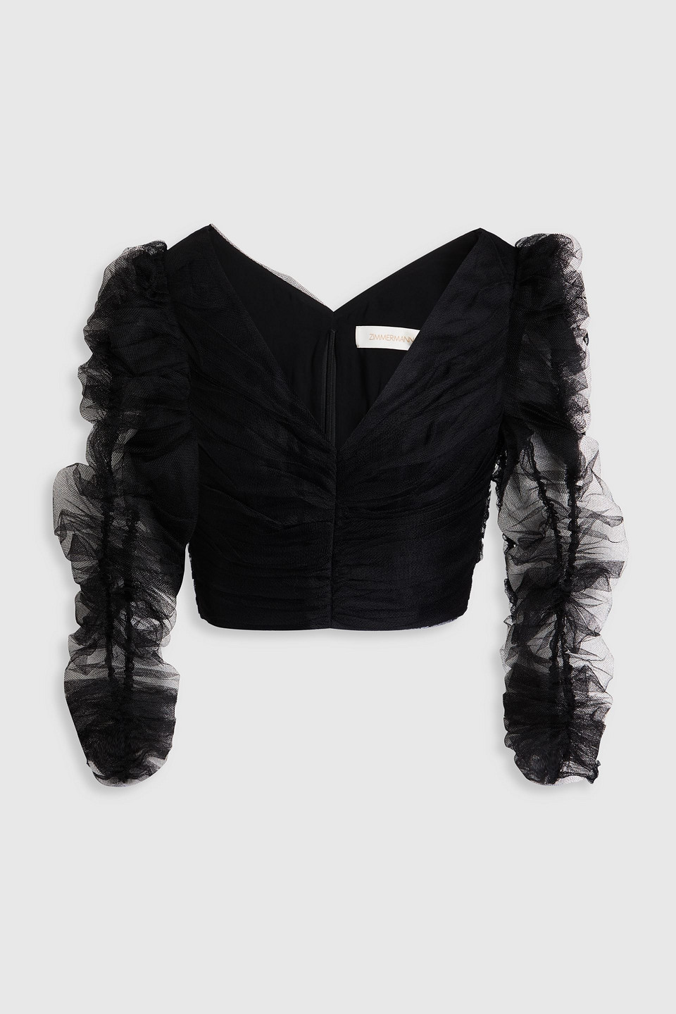Zimmermann Cropped Ruched Tulle Blouse In Black