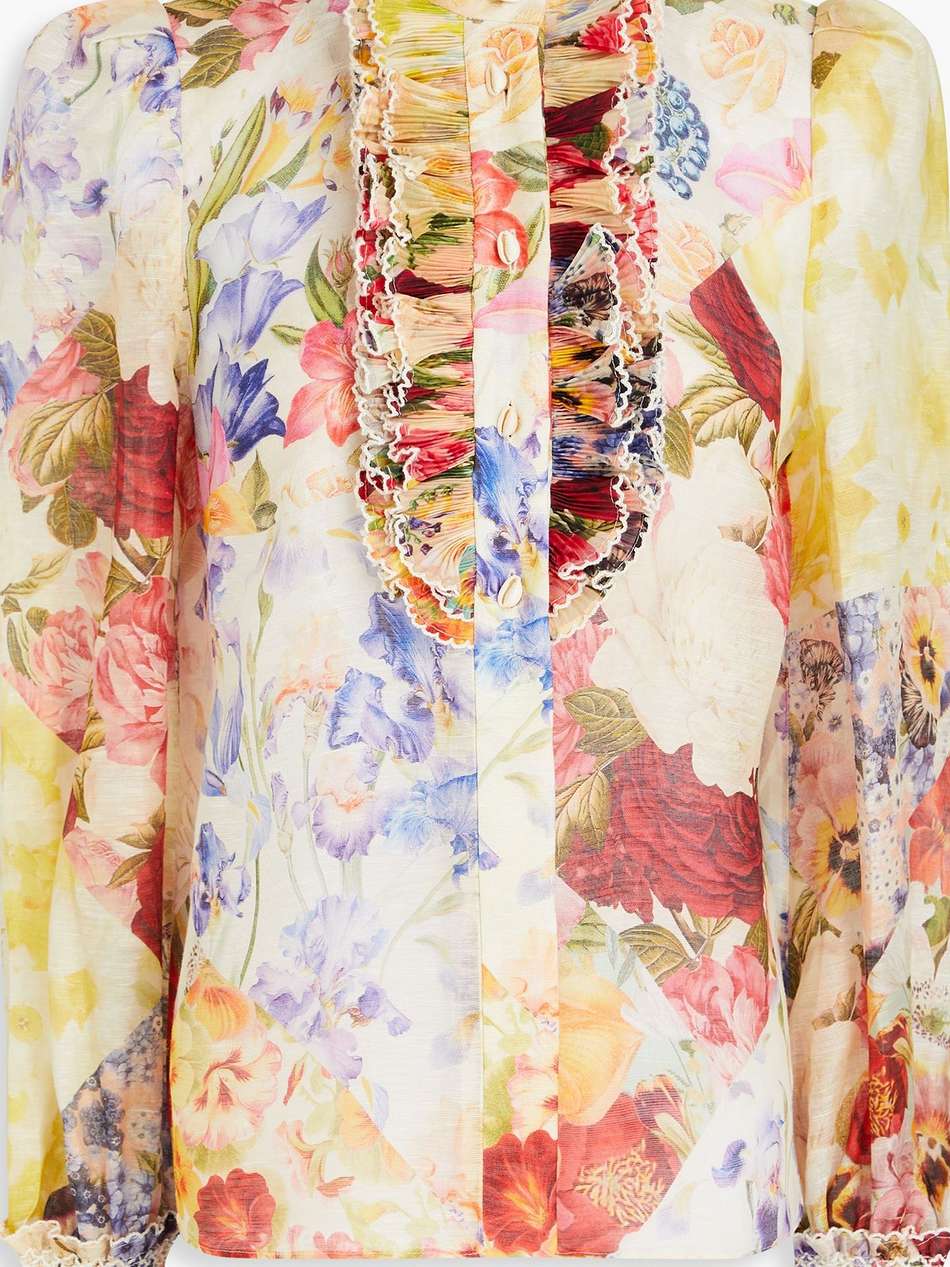 floral-print linen and silk-blend organza top