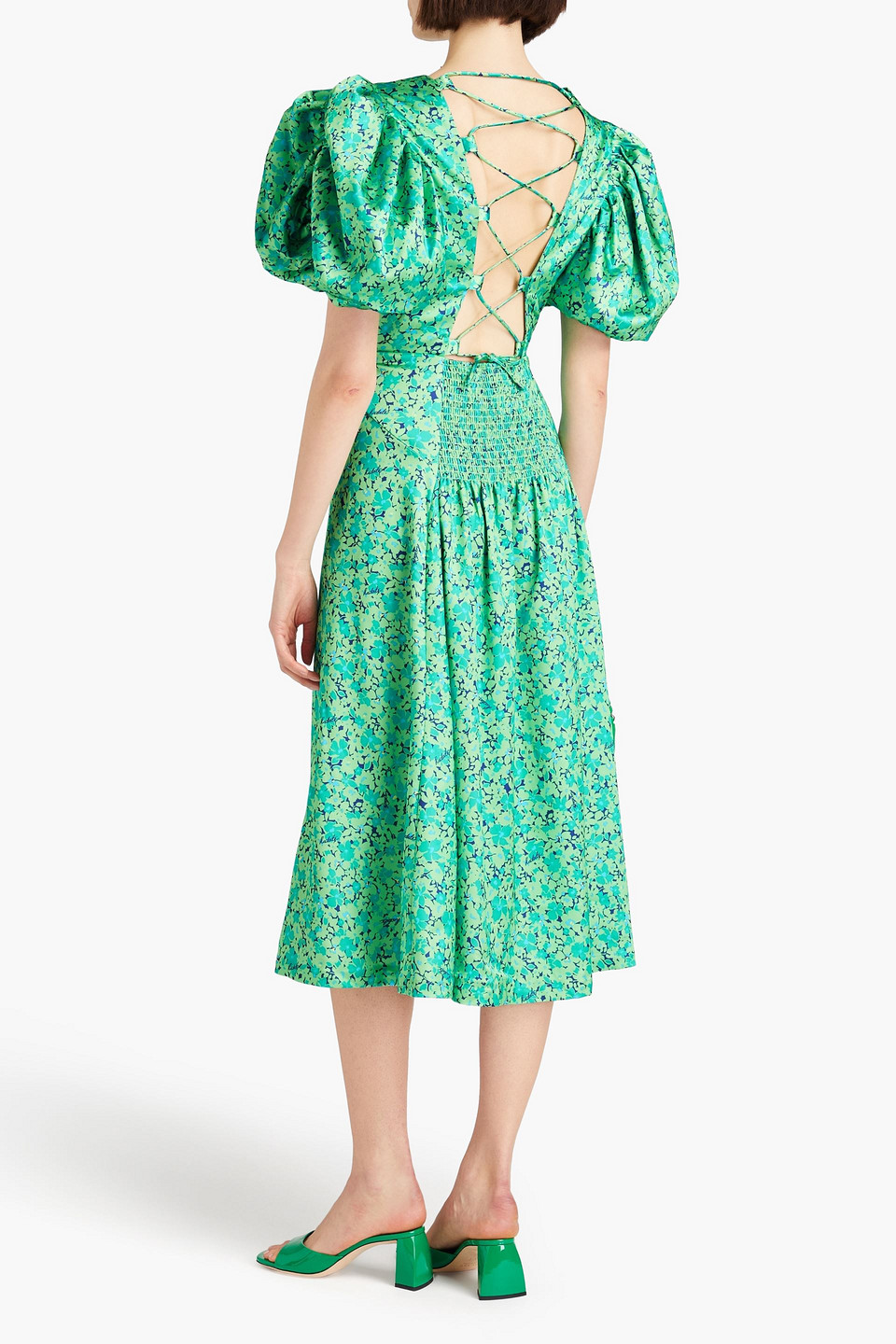 Shop Rotate Birger Christensen Floral-print Satin Midi Dress In Light Green