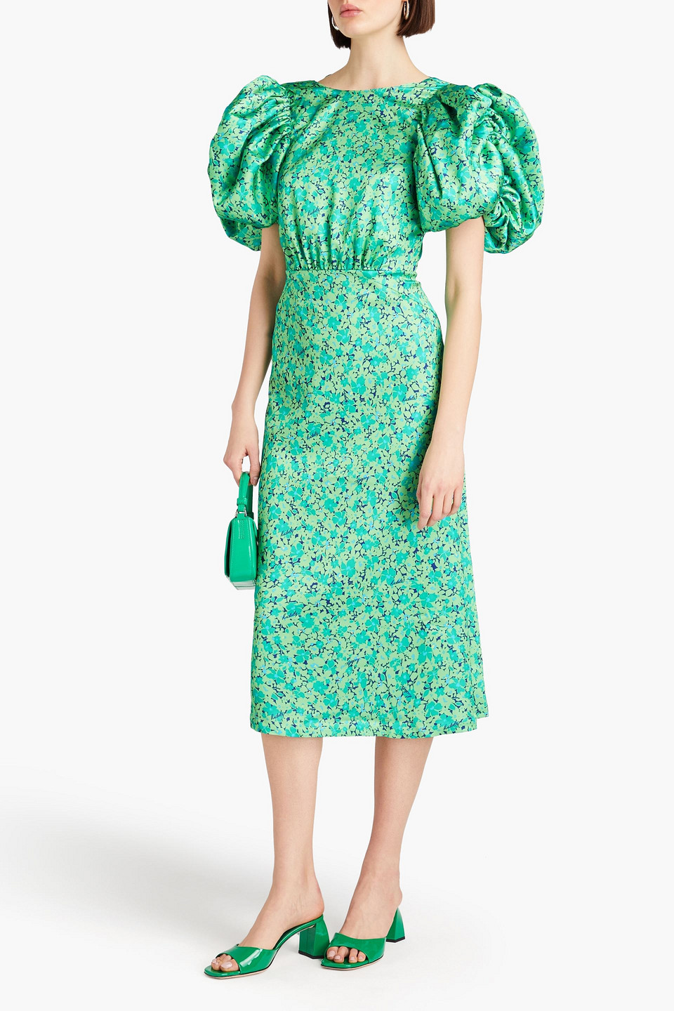 Shop Rotate Birger Christensen Floral-print Satin Midi Dress In Light Green