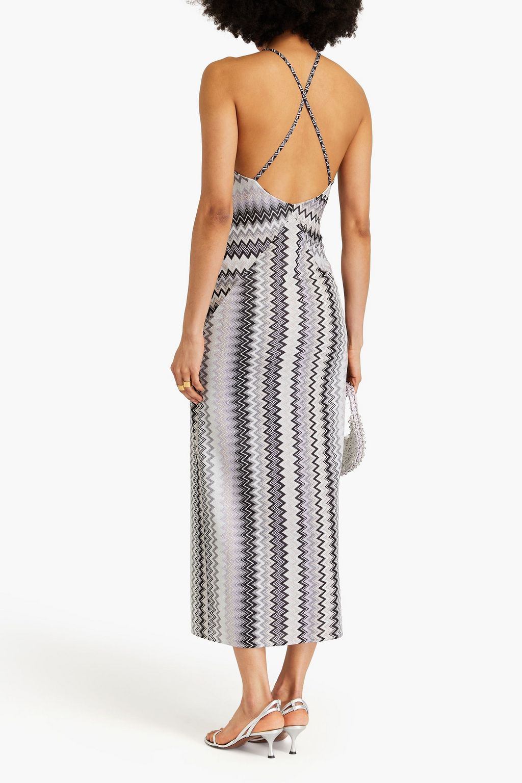 MISSONI فستان متوسط الطول بحبكة كروشيه بلون معدني
