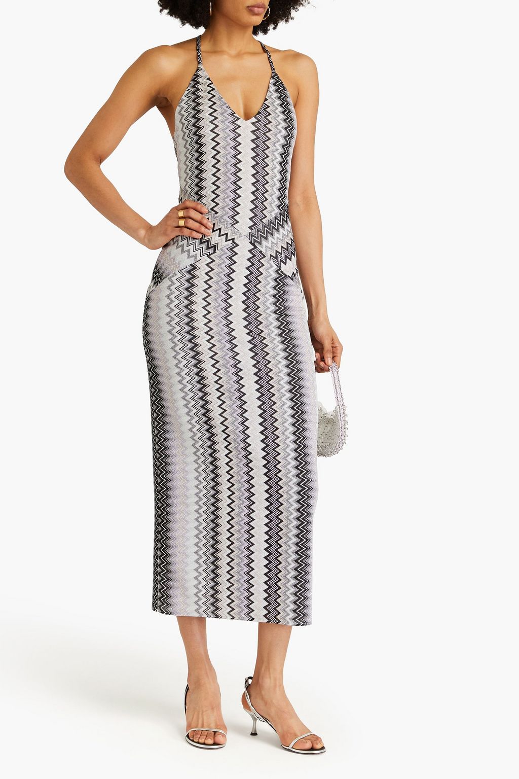 MISSONI فستان متوسط الطول بحبكة كروشيه بلون معدني