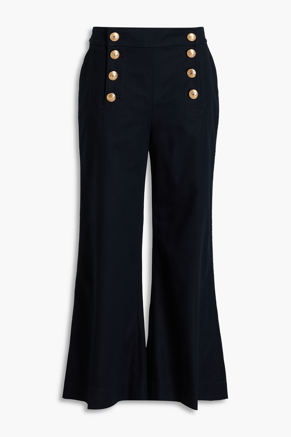 Zimmermann Cropped Button-embellished Cotton-blend Woven Flared Pants In Navy