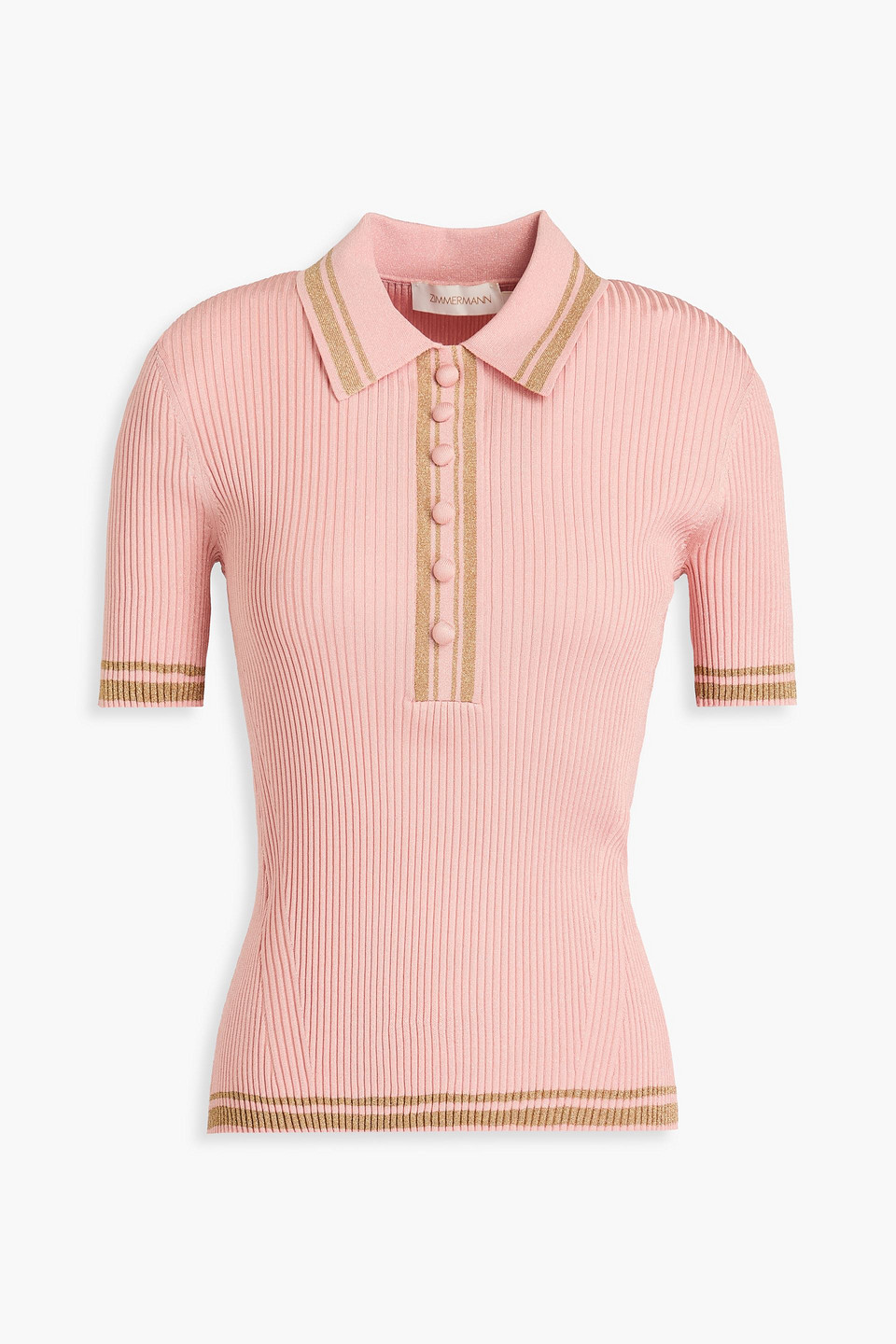 Zimmermann Metallic Ribbed-knit Polo Shirt In Antique Rose