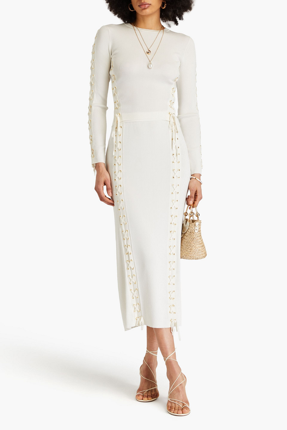 Zimmermann Lace-up Ribbed-knit Top In Ecru